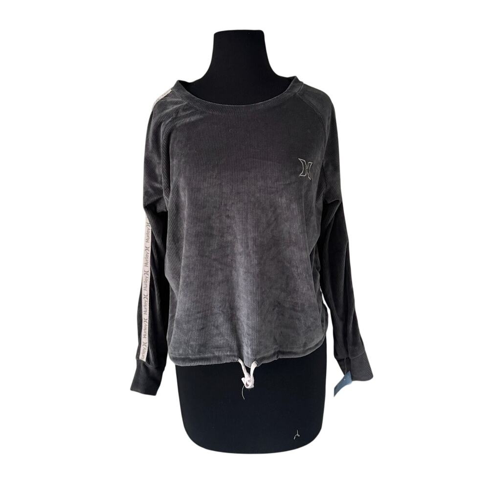 Hurley Gray Ribbed Cropped Sweatshirt Logoed Sleeves - L